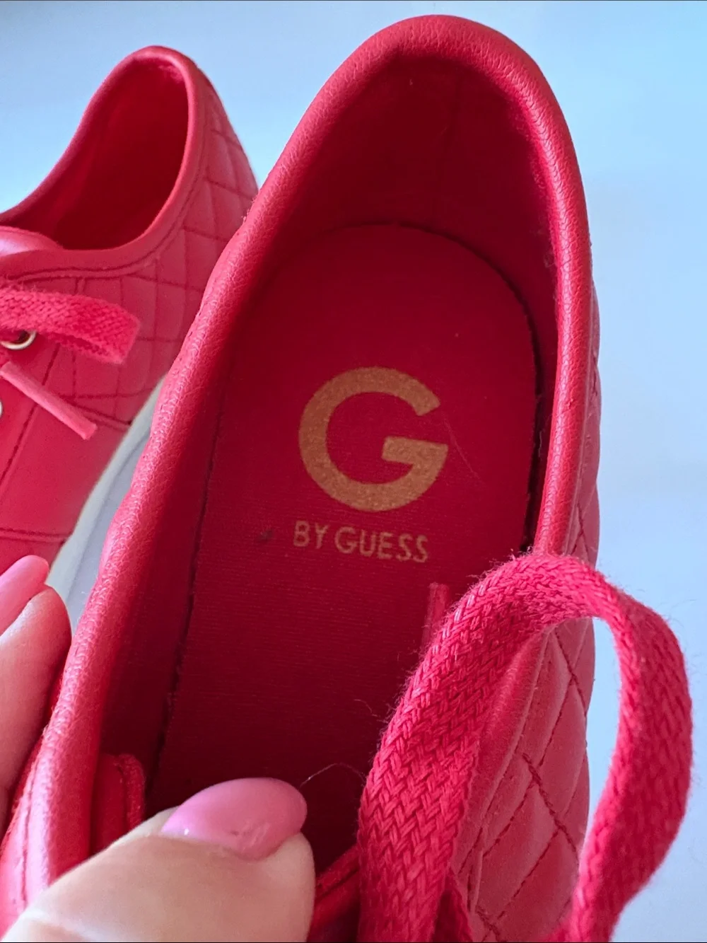 GUESS size 7.5 red quilted leather Sneakers with Gold Hardware very good shape